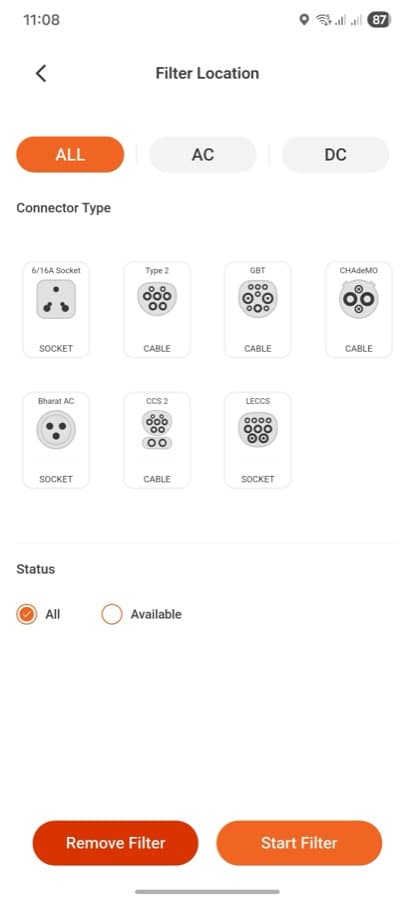 Flash app connector filter screen with AC and DC options
