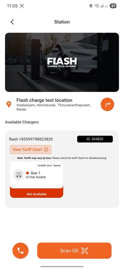 Flash app station detail screen with charger availability and scan QR action