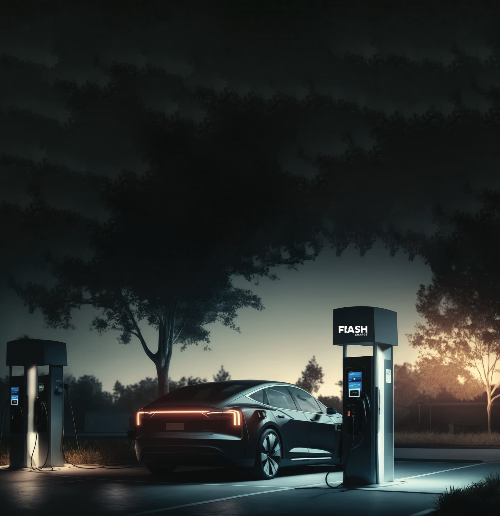 Flash Charge EVCS station with branded charging canopy and vehicles