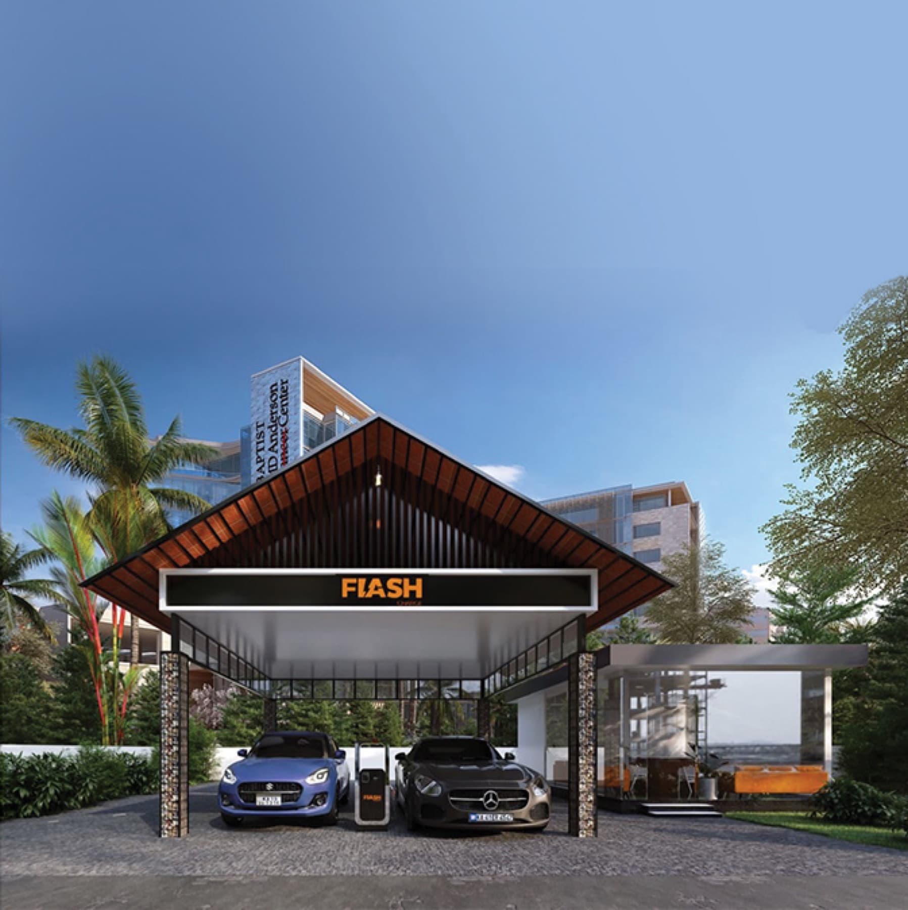 Flash Charge dual bay EV charging station with branded overhead structure