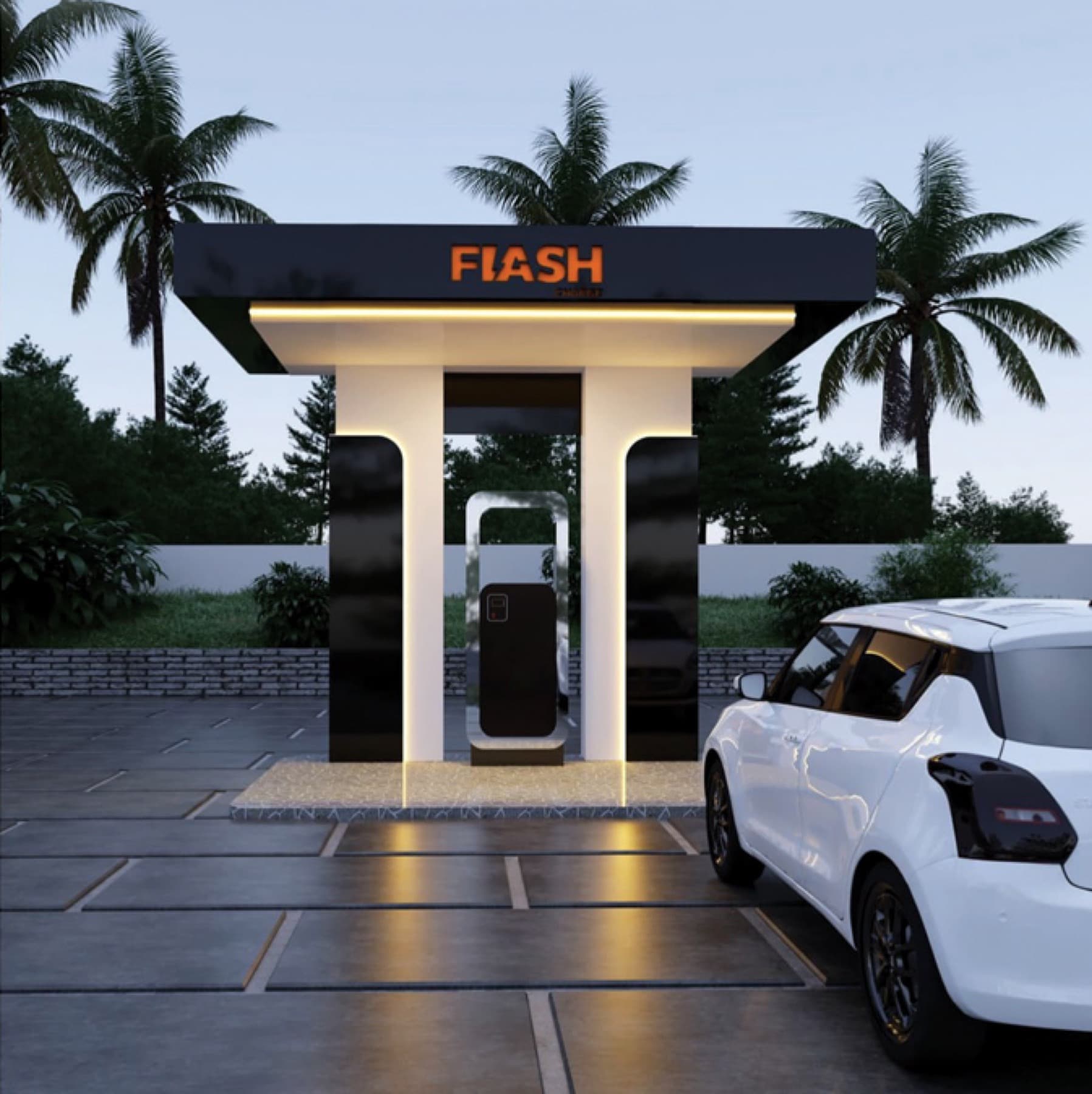 Flash Charge compact EV charging station beside a parked car