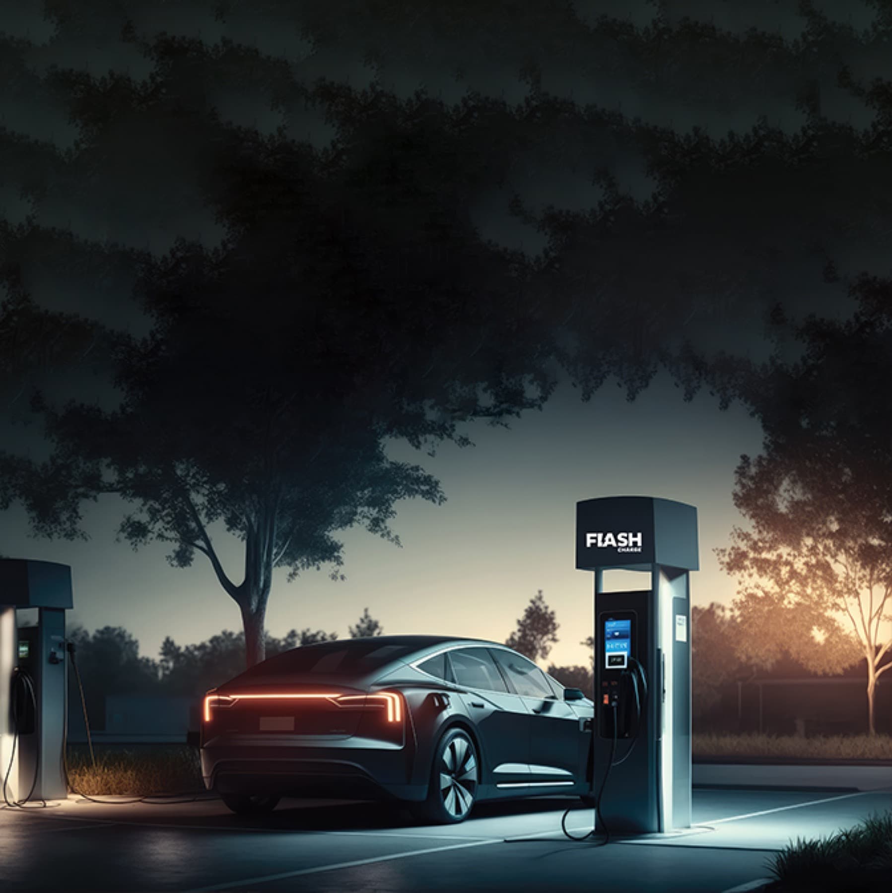 Flash Charge branded charger at night with an electric vehicle