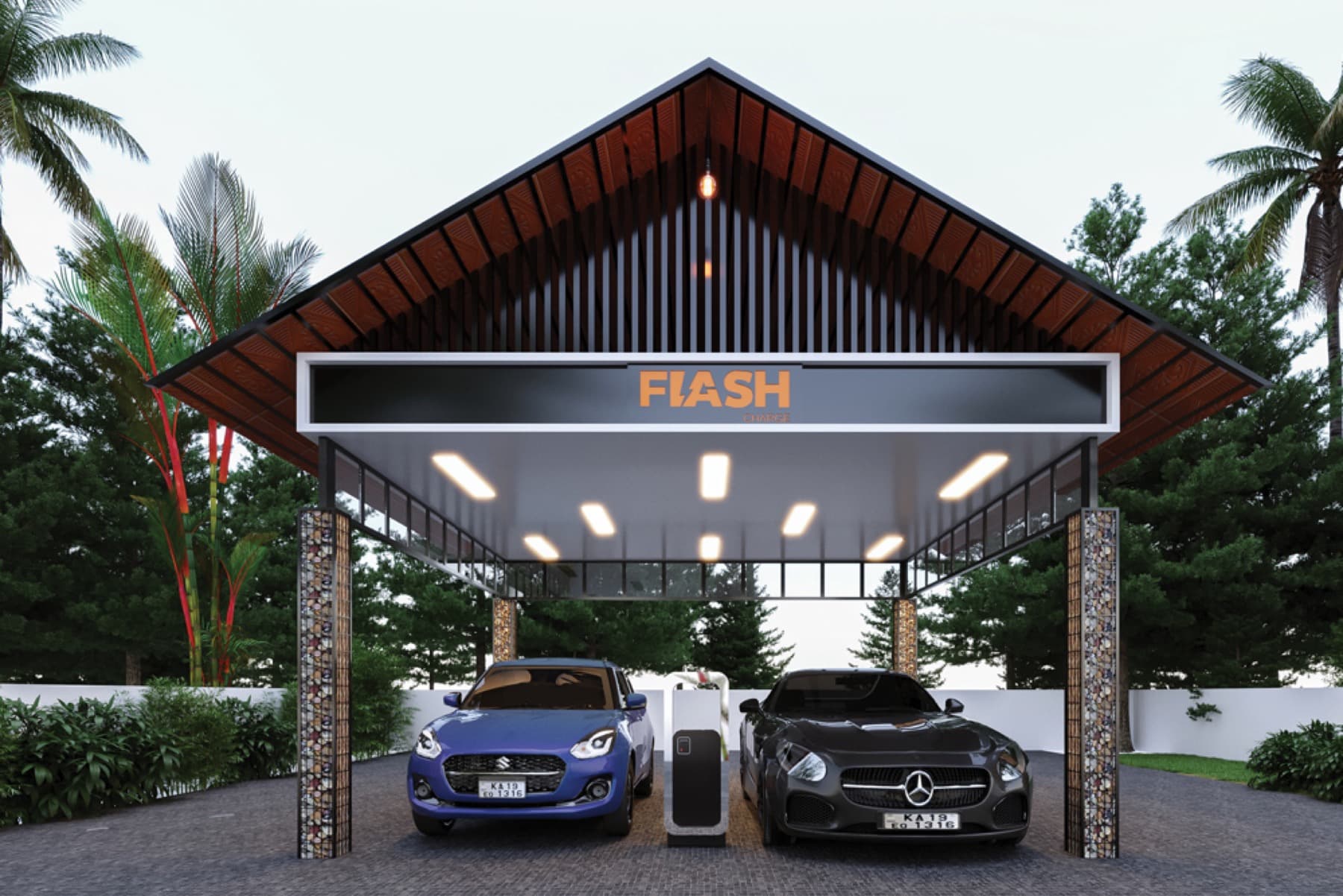 Flash Charge EV charging station with branded canopy and chargers