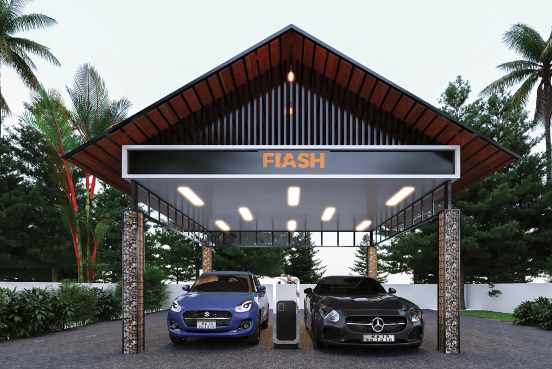 Flash Charge EV charging station Flash Charge EV charging station with branded canopy and chargers